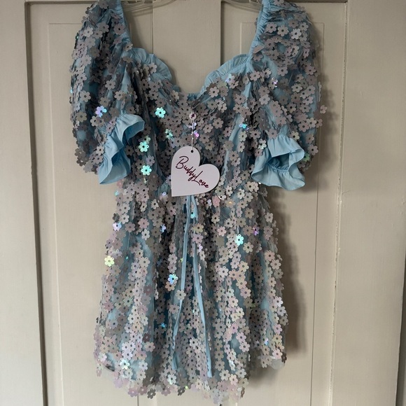 Buddy Love Light Blue 3D Floral Colby Sequin Babydoll Dress - Picture 14 of 16